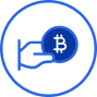 A blue circular icon with a hand holding a Bitcoin symbol (₿), ideal for Coinmama users to buy crypto.