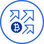 A blue icon with a white Bitcoin symbol and arrows suggests growth, ideal for buy crypto on Coinmama.
