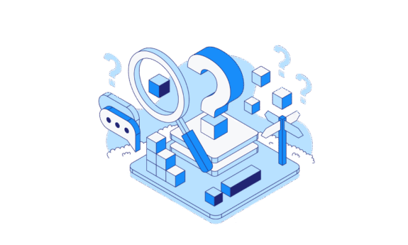 An isometric illustration highlights themes of inquiry, exploration, and buying Bitcoin through Coinmama.