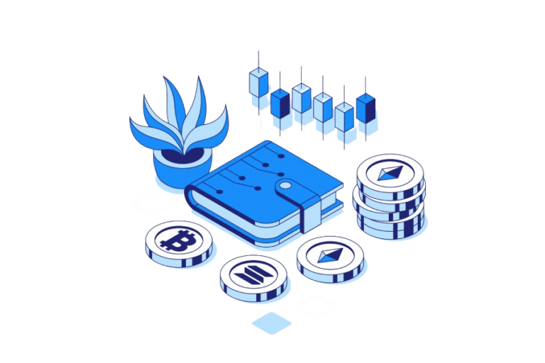 An illustration shows a digital wallet with Bitcoin and Ethereum, indicating financial growth via Coinmama.