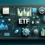 A digital dashboard featuring financial charts, currency symbols, and a Bitcoin icon with "Recent ETF." Buy crypto on Coinmama.