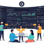 Illustration of four people analyzing crypto charts, representing how to buy bitcoin on Coinmama.