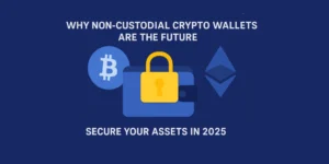 Padlock, Bitcoin, Ethereum, text: "Buy crypto on Coinmama. Non-custodial wallets secure your assets 2025.