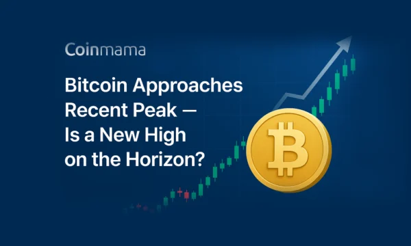 Bitcoin symbol, rising chart, text about price peak and buying crypto on Coinmama, blue background.